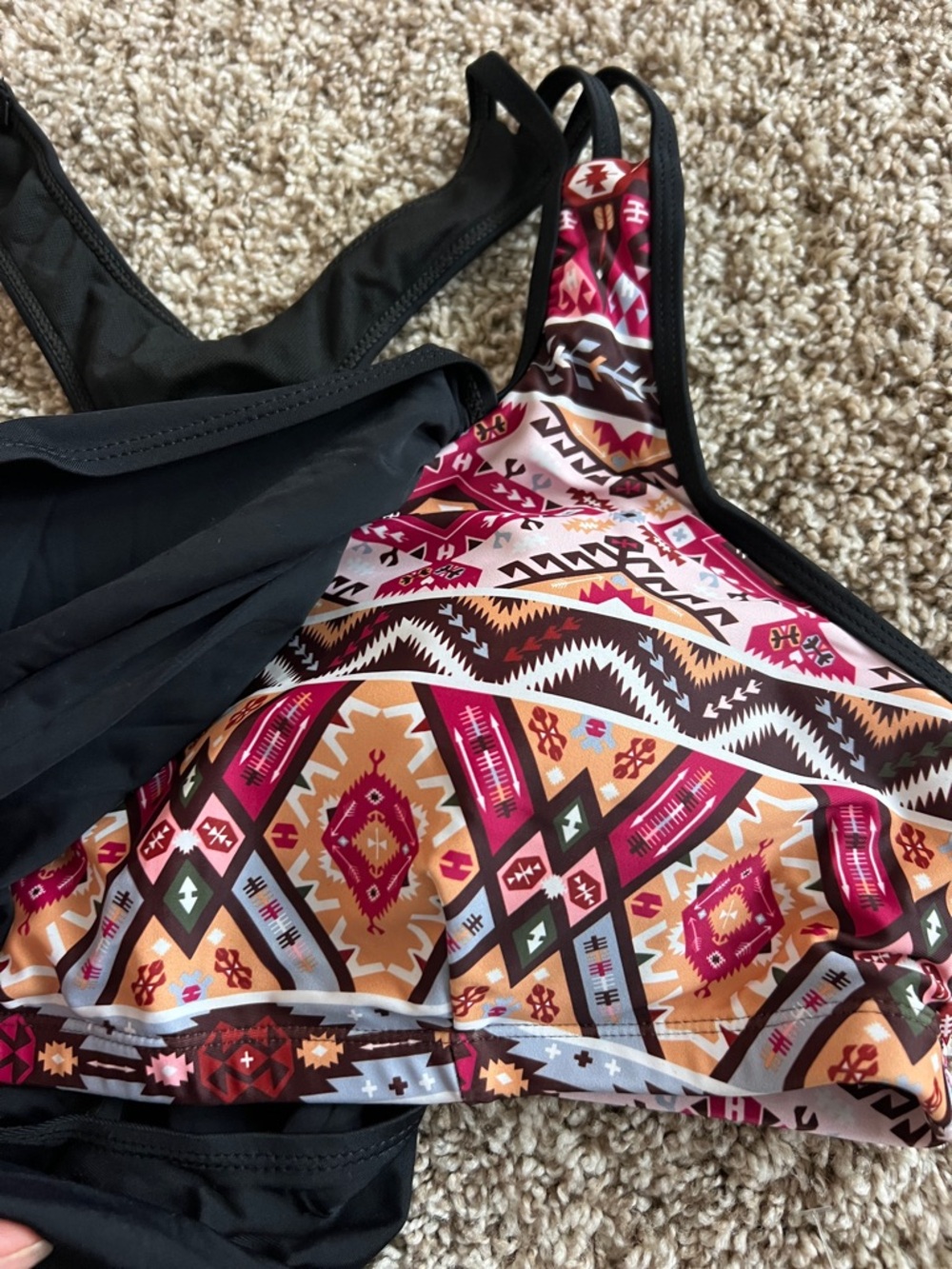 Women’s XL Swim Tops- Black with fun Aztec Bra & Coral Tankini Swim Top - Picture 3 of 14